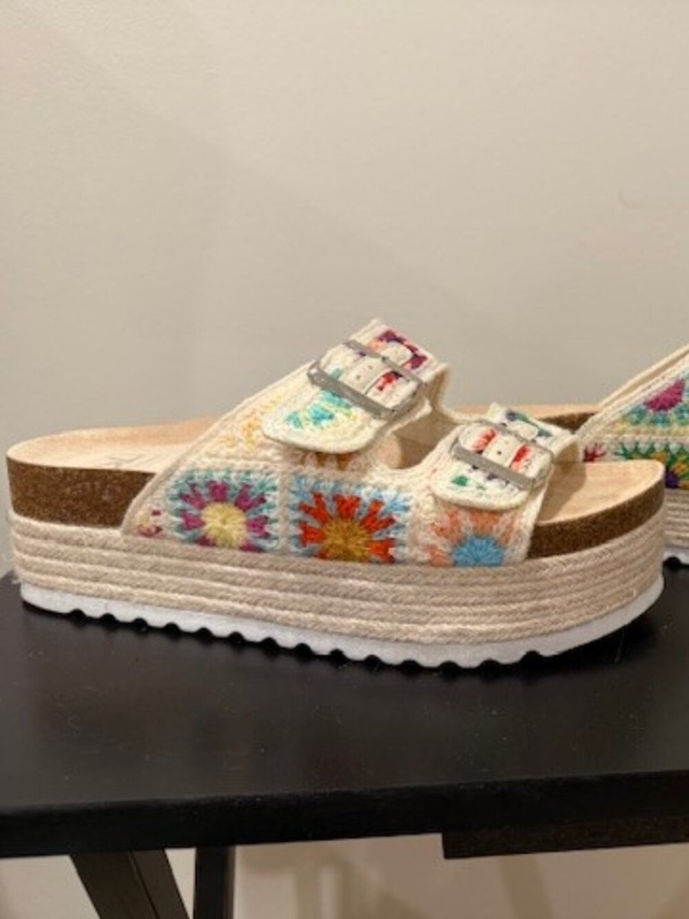 Dirty Laundry Cream Crochet Platform Sandals with Colorful Floral Squares